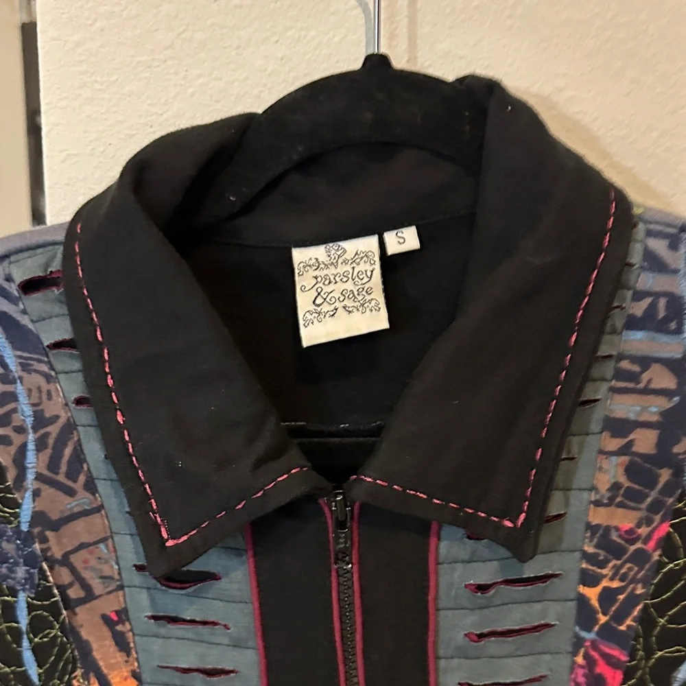 Parsley & Sage Black Jacket with Multicolor Abstract Panels